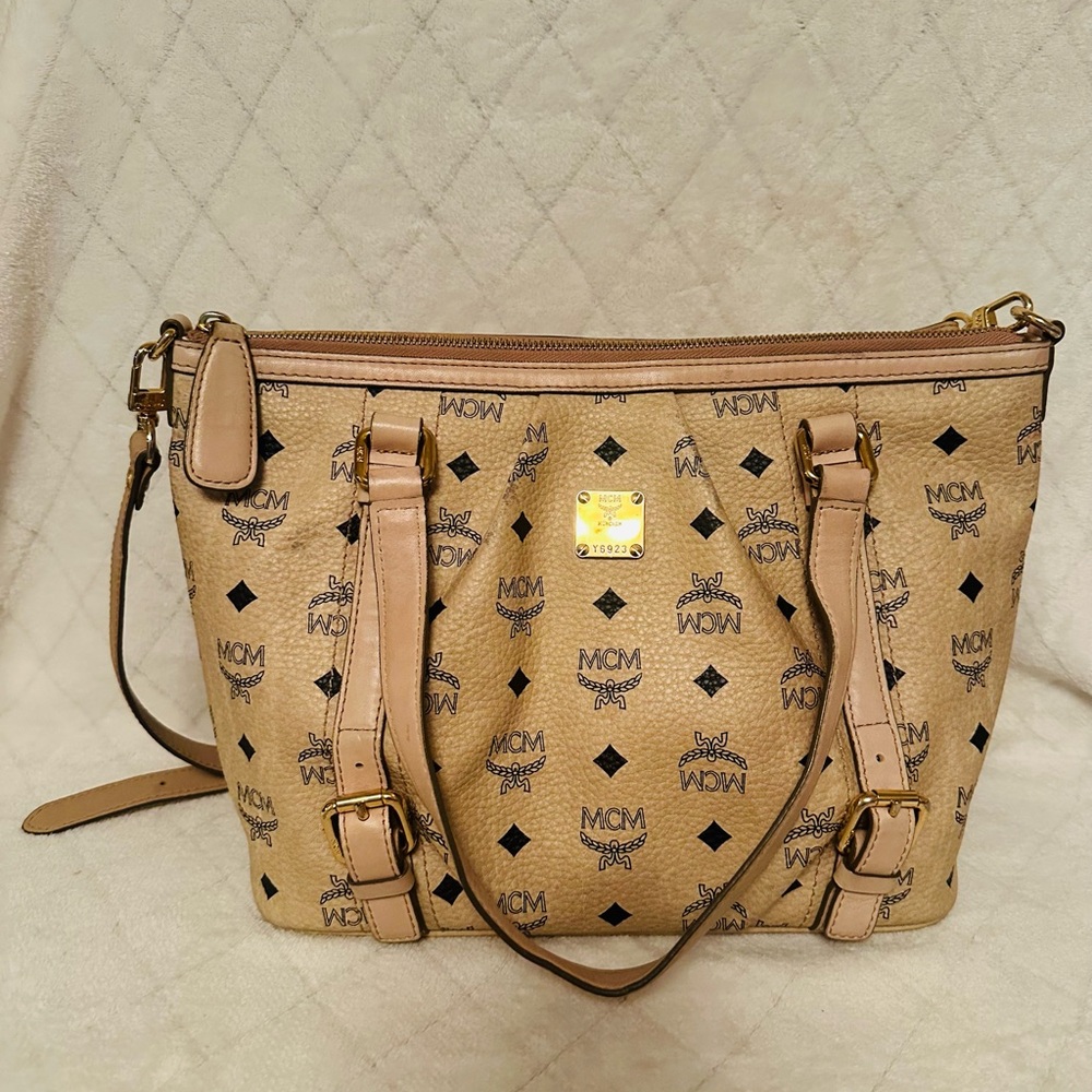 MCM Tan Logo Canvas Tote with Gold Plaque